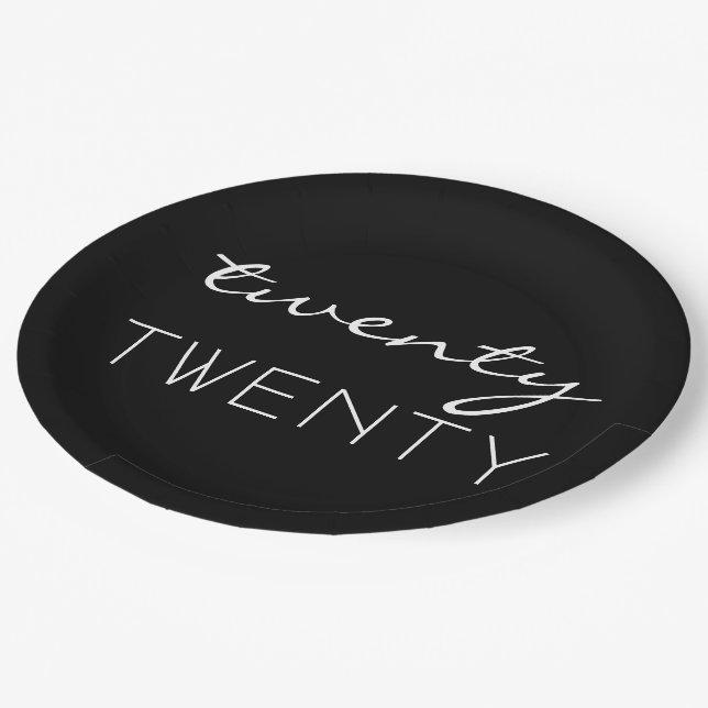Twenty Twenty Happy New Year 2020 Black and White Paper Plate (Angled)