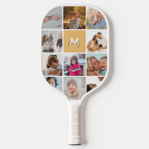 Twenty-Two Photo Collage Simple Monogram Family Pickleball Paddle