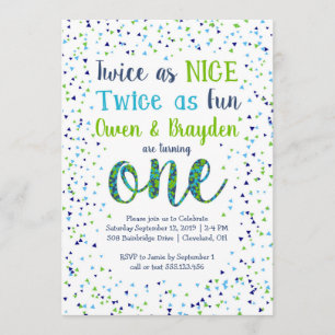 Twice as Nice Confetti Twin Boys First Birthday Invitation