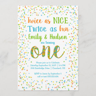 Twice as Nice Confetti Twins First Birthday Invitation