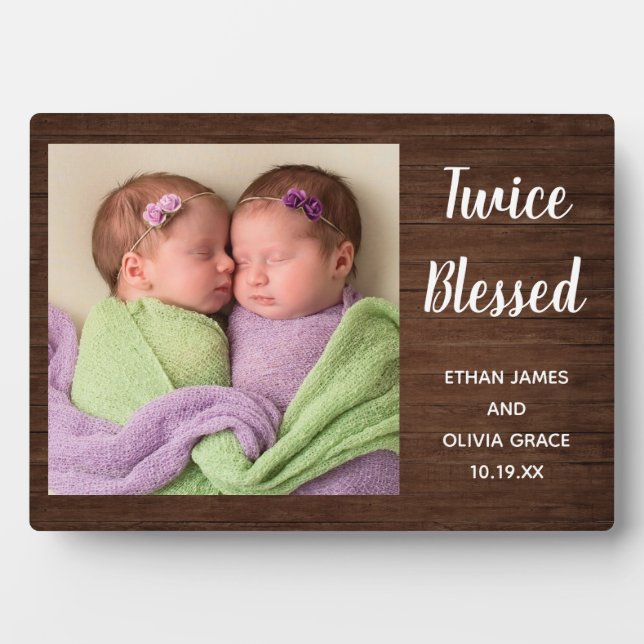 Twice Blessed Twin Baby Photo Names Birthdate Plaque (Front)