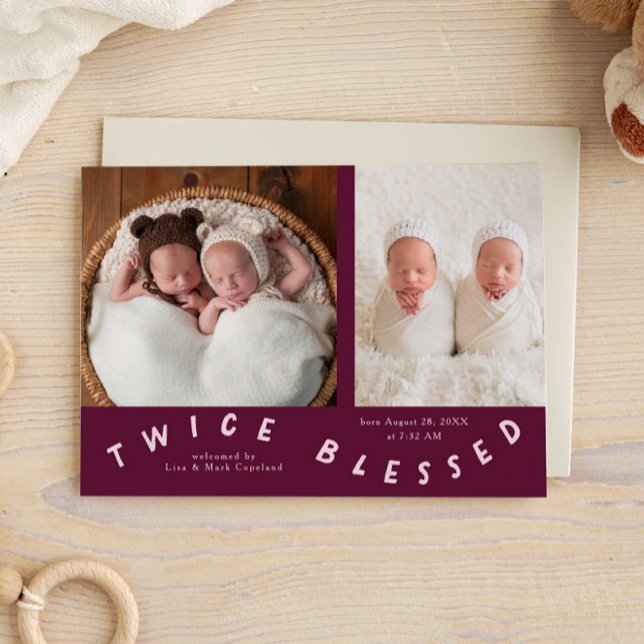 Twice Blessed Typography Cranberry Birth  Announcement (Creator Uploaded)