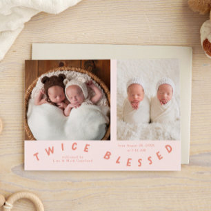 Twice Blessed Typography Peach Birth  Announcement