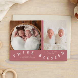 Twice Blessed Typography Pink Birth  Announcement