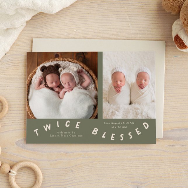 Twice Blessed Typography Sage Birth Announcement (Creator Uploaded)