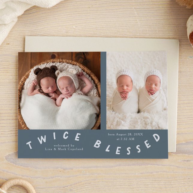Twice Blessed Typography Slate Blue Birth  Announcement (Creator Uploaded)
