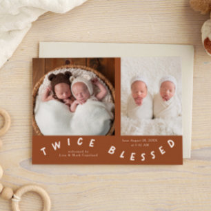 Twice Blessed Typography Terracotta Birth Announcement