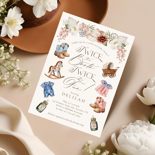 Twice the Boots Twin Girl Boy Western Baby Shower Invitation (Twice the Boots Twin Girl Boy Western Baby Shower Invitation)