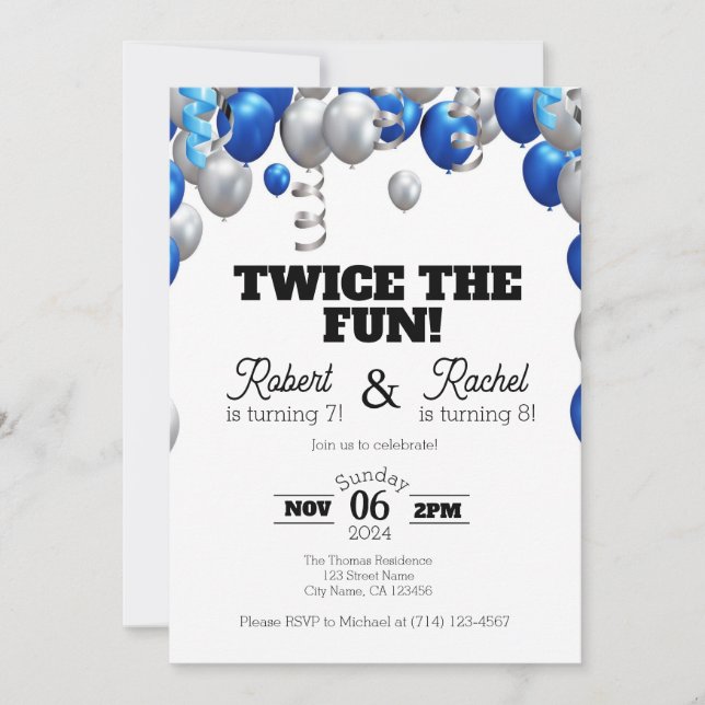 Twice the Fun Double Birthday Celebration Invite (Front)