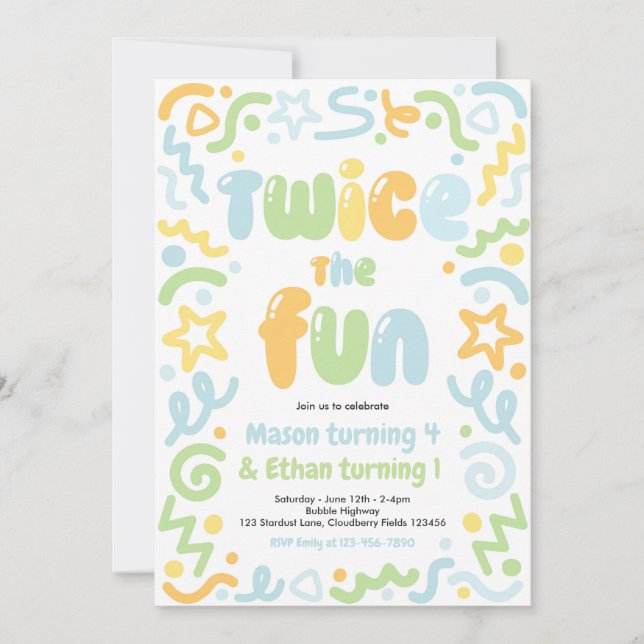 Twice The Fun Joint Birthday Party Balloon  Invitation (Front)