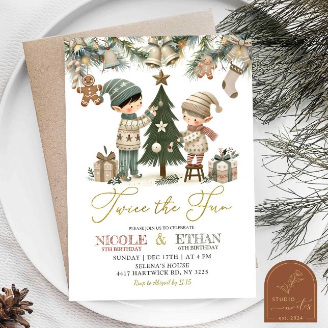 Twice The Fun Little Elf Joint Birthday Party Invitation (Creator Uploaded)