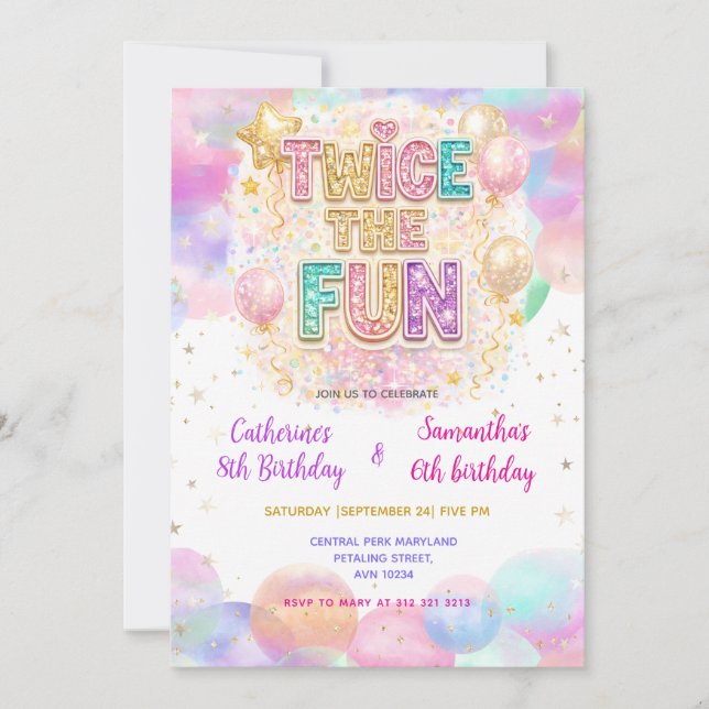 Twice the Fun Pastel Glitter Double Birthday Invitation (Front)