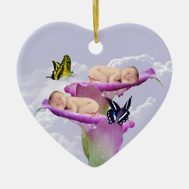 Twice the joy with baby twins christmas ceramic tree decoration (Front)