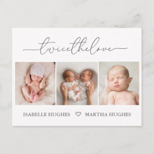 Twice the love, twin baby birth announcement cards
