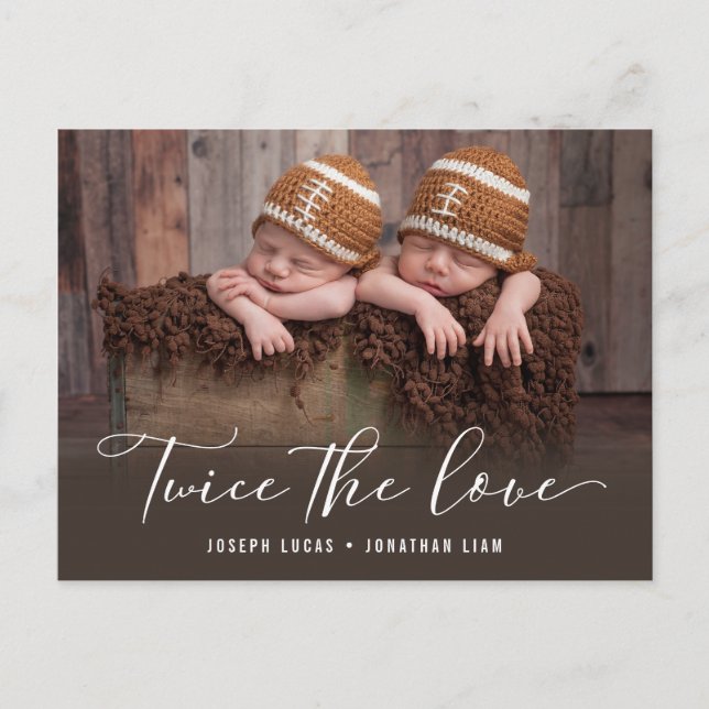 Twice The Love Twin Photo Birth Announcement Postcard (Front)