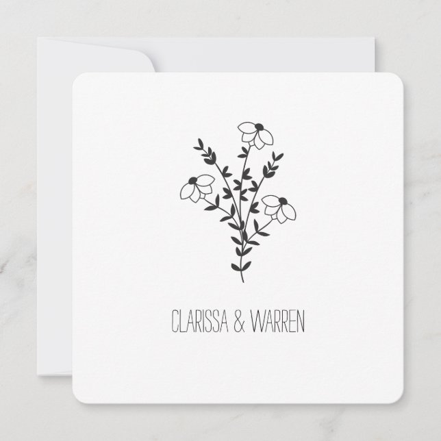 Twigs and Flowers In Black Modern & Minimalist Invitation (Front)