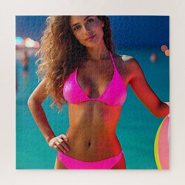 Twilight Beach Portrait — Woman in Neon Pink Bikin Jigsaw Puzzle (Vertical)
