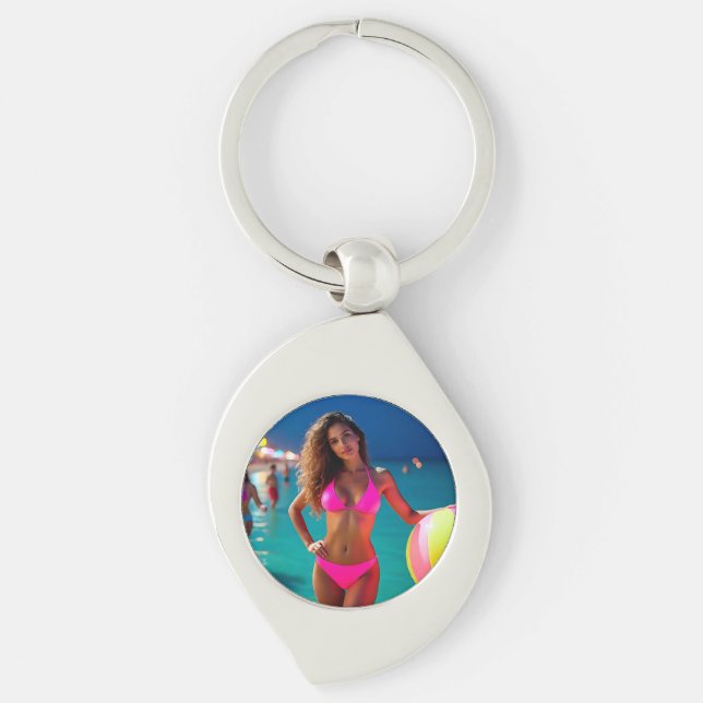 Twilight Beach Portrait — Woman in Neon Pink Bikin Key Ring (Front)