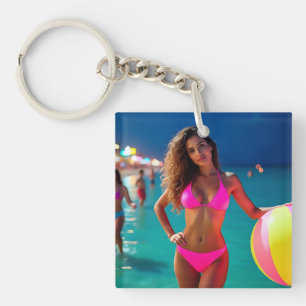 Twilight Beach Portrait — Woman in Neon Pink Bikin Key Ring