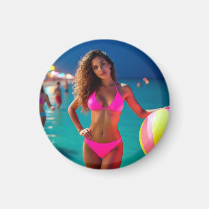 Twilight Beach Portrait — Woman in Neon Pink Bikin Magnet