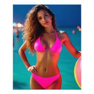 Twilight Beach Portrait — Woman in Neon Pink Bikin Photo Print