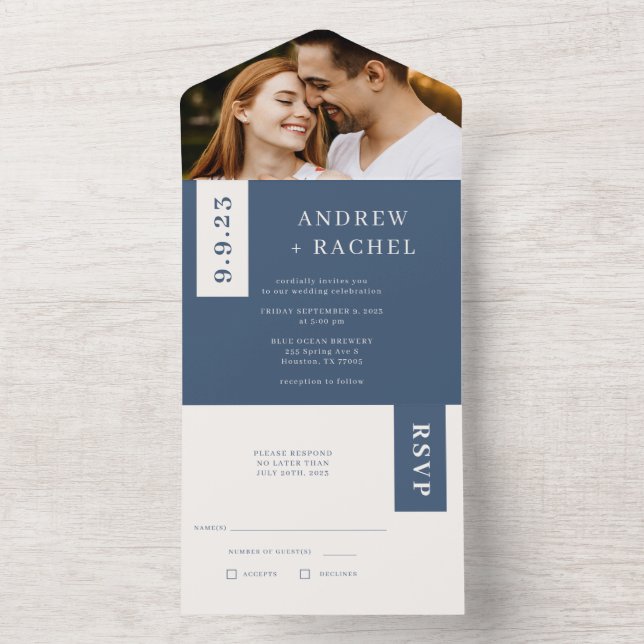 Twilight Blue Blocks Wedding Photo All In One Invitation (Inside)