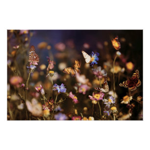 Twilight Butterflies Wildflower Meadow Glow Poster