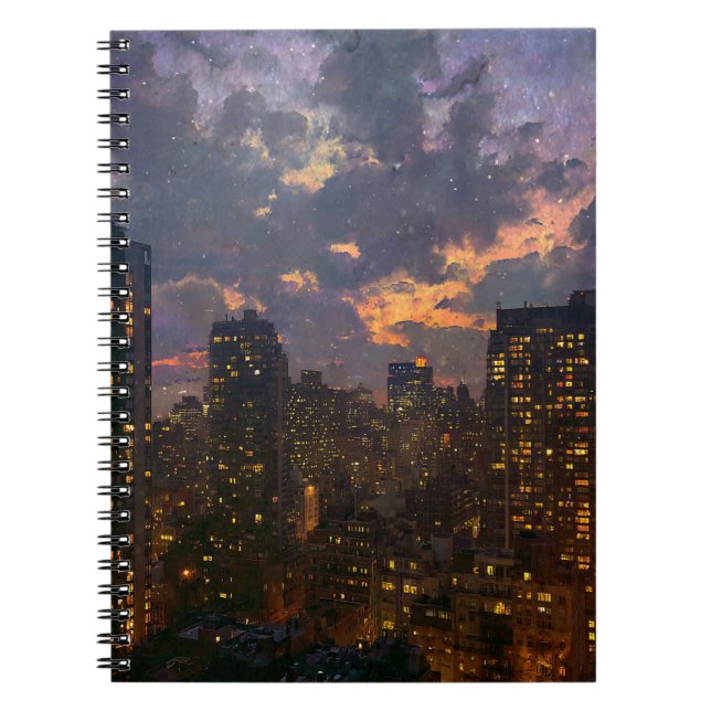 Twilight Cityscape Stars and Sunset Notebook (Front)