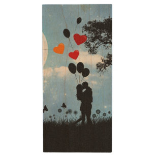 Twilight Couple in Love in Silhouette Art Wood USB Flash Drive