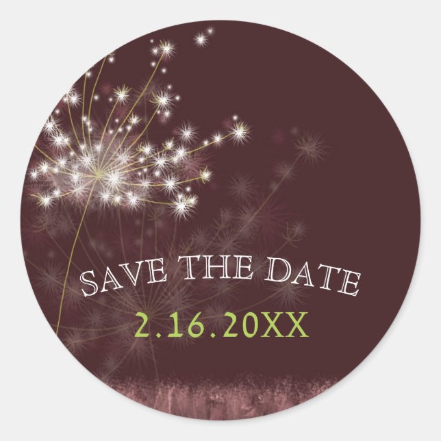 Twilight Dandelion Wedding Save the Date Classic Round Sticker (Front)