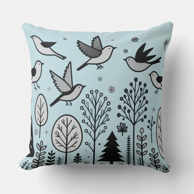 Twilight Forest Birds Light blue Cushion (Front)
