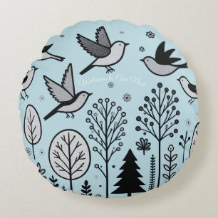 Twilight Forest Birds Light blue Round Cushion