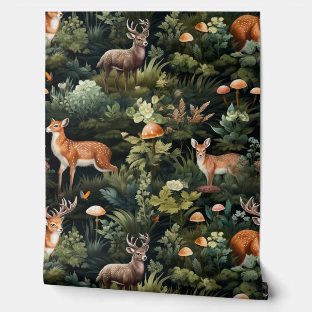 Twilight Forest Friends Botanical Wallpaper (Unrolling)
