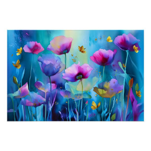 Twilight Garden: Poppies and Golden Wings Poster