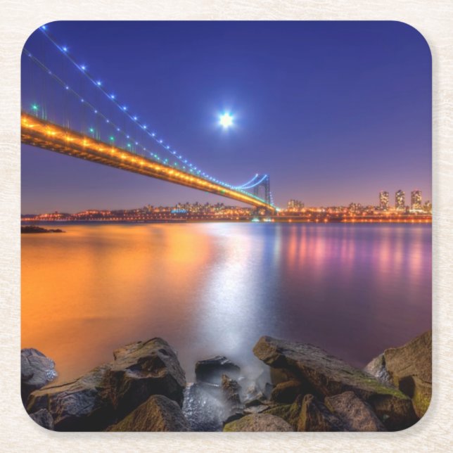 Twilight, George Washington BridgePalisades, NJ. Square Paper Coaster (Front)