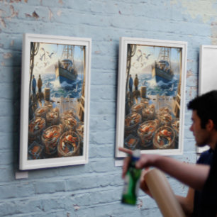 Twilight Harvest Fishermen Collecting Crabs 12x16 Poster