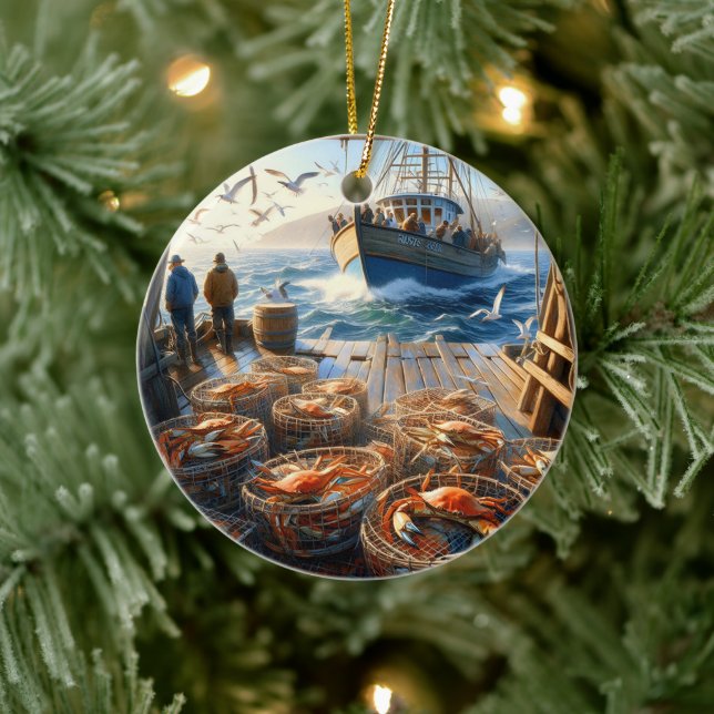 Twilight Harvest Fishermen Collecting Crabs Ceramic Ornament (Tree)