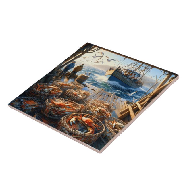 Twilight Harvest Fishermen Collecting Crabs Ceramic Tile (Side)