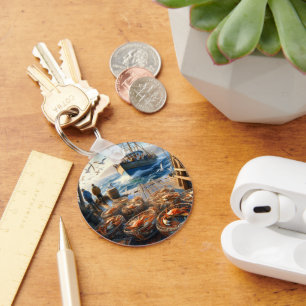 Twilight Harvest Fishermen Collecting Crabs Key Ring