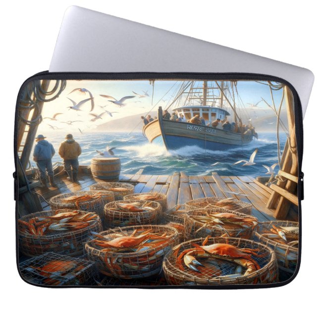 Twilight Harvest Fishermen Collecting Crabs Laptop Sleeve (Front)