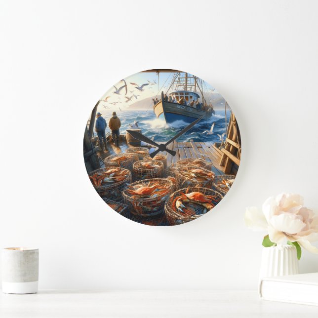 Twilight Harvest Fishermen Collecting Crabs Large Clock (Home)