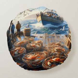 Twilight Harvest Fishermen Collecting Crabs Round Cushion