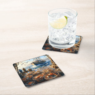 Twilight Harvest Fishermen Collecting Crabs Square Paper Coaster