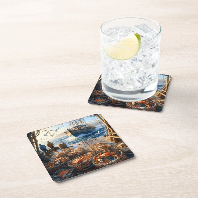 Twilight Harvest Fishermen Collecting Crabs Square Paper Coaster (Insitu)