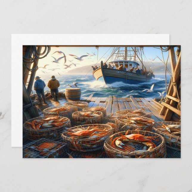 Twilight Harvest Fishermen Collecting Crabs Thank You Card (Front/Back)