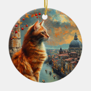 Twilight in Venice Ginger Cat on a Canal Ceramic Ornament