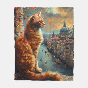 Twilight in Venice   Ginger Cat on a Canal Fleece Blanket