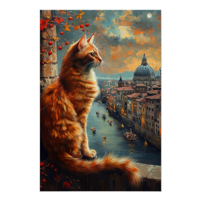 Twilight in Venice | Ginger Cat on a Canal Poster (Front)