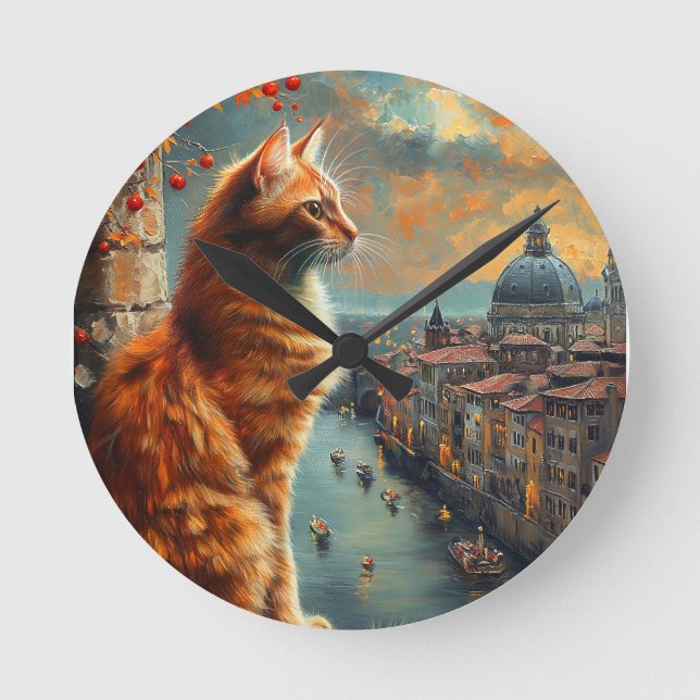 Twilight in Venice | Ginger Cat on a Canal Round Clock (Front)