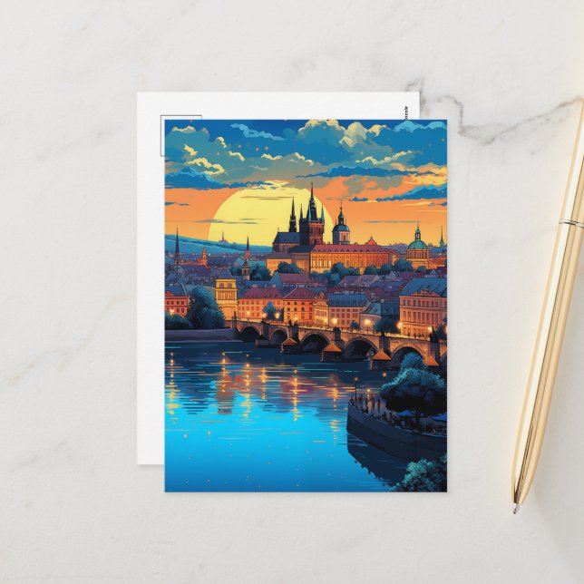 Twilight Magic over Prague Holiday Postcard (Front/Back In Situ)